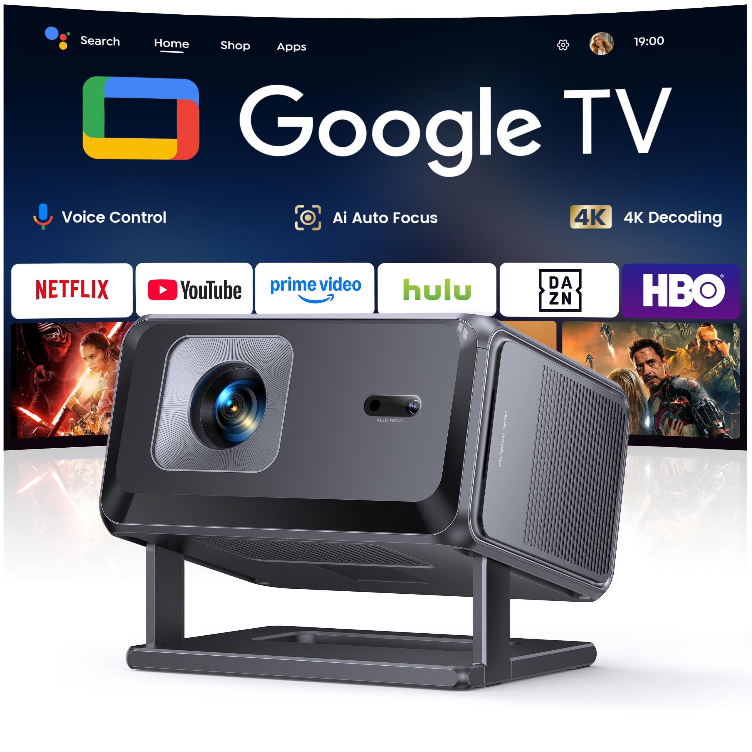 Vidéoprojecteur 4K【Google TV/Auto Focus/Keystone】Mini Projecteur Portable FHD 1080P Courte Focale, Contrôle Vocal, TOPTRO Rétroprojecteur Portable avec WiFi6, Bluetooth 5.4, Zoom 50 % pour Home Cinéma