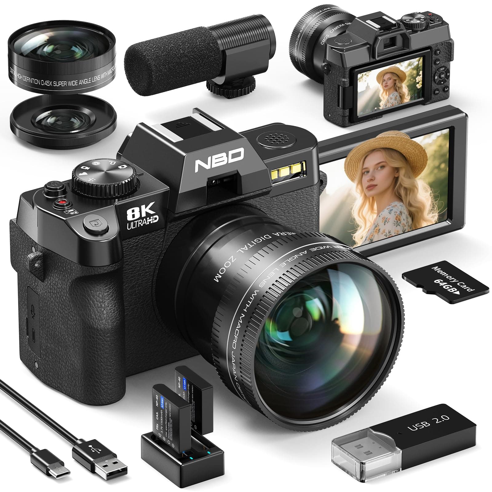NBD Appareil Photo numérique 8K 64MP avec autofocus, Zoom numérique 16x, F1.8, Écran IPS 3" 180°, WiFi + Lentille Grand Angle/Macro + Micro Externe + Carte 64GB + 2 Batteries (Noir)