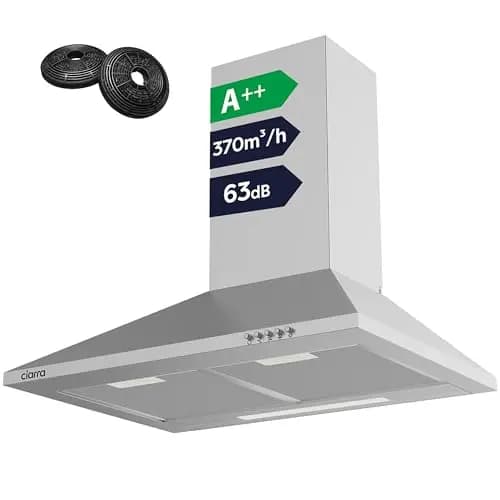 CIARRA Hotte Aspirante 60cm 370m³/h Classe A++- Evacuation ou Recyclage - Filtres à Charbon INCLUS - 3 Niveaux de Vitesse - Hotte Murale - Inox - CBCS6201
