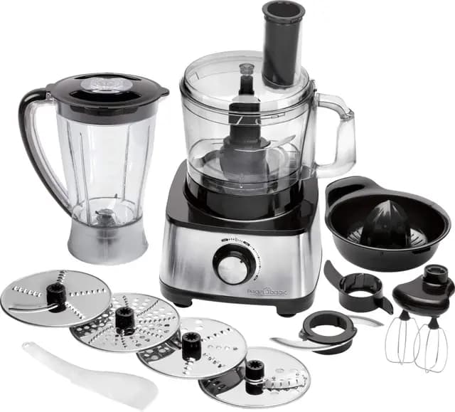 ProfiCook PC-KM 1063 Robot de cuisine compact avec boîtier en acier inoxydable, couper, pétrir, mixer, presse-agrumes, 1.2L, ouverture de remplissage, avec fonction turbo et 11 accessoires, 1200W