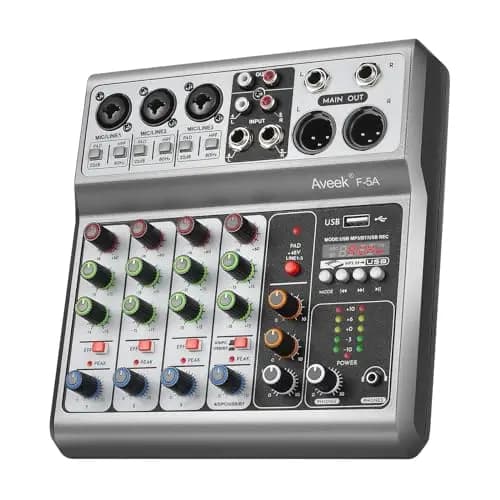 Aveek Audio Mixer, Console de mixage sonore avec 5 canaux, USB numérique, Bluetooth, Effets de Réverbération delay, Alimentation Fantôme 48V, Mixeurs DJ Stéréo pour l'enregistrement,Podcasts.Streaming