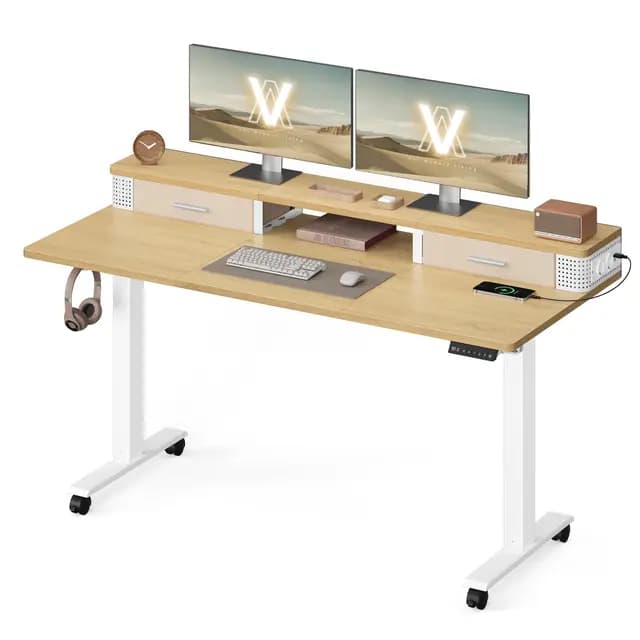 VASAGLE Bureau Électrique Réglable en Hauteur, Table Assis-Debout, 140 x 60 x (72-120) cm, Réglable en Continu, Support Écran, Multiprise, Crochet, Fonction Mémoire, Couleur Chêne Naturel LSD184YD01
