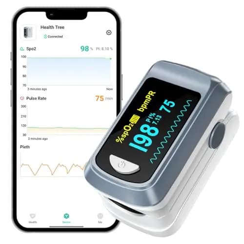 HealthTree JKS50C Oxymetre de Doigt Bluetooth, Saturometre Oxymetre, Grand écran OLED, 5-8s Lecture Rapide, Indice de Perfusion, Fréquence Cardiaque et SpO2 avec Alarme, pour Maison, Sport et Voyages