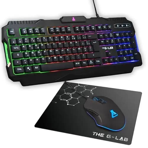 The G-Lab - Combo Hélium - Ensemble Gaming 3 en 1 - Clavier Gamer Azerty Rétroéclairé, Souris Gamer 6400 Dpi, Tapis De Souris Antidérapant - 6 Touches Anti-ghosting - Pack PC/PS4/PS5/XBOX