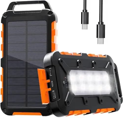 Batterie Externe Solaire 10000mAh, PD22.5W Chargeur Solaire Power Bank Portable USB C 3A Charge Rapide avec 3 Ports, Câbles et Lampe pour Smartphone, Tablette, Camping et Plus,Orangefoncé