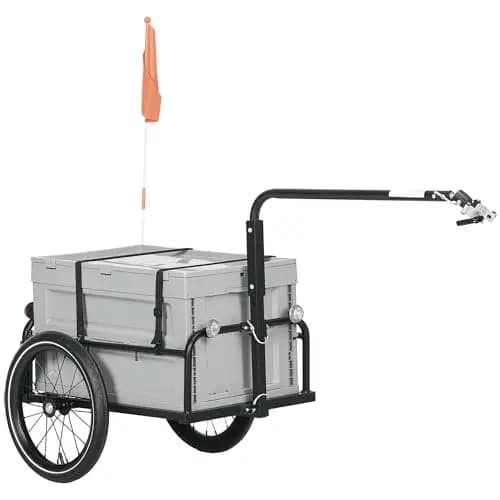 HOMCOM Remorque Chariot à vélo avec Coffre de Rangement Amovible et Pliable de 65L, pneus et réflecteurs de sécurité, Charge maximale de 40KG