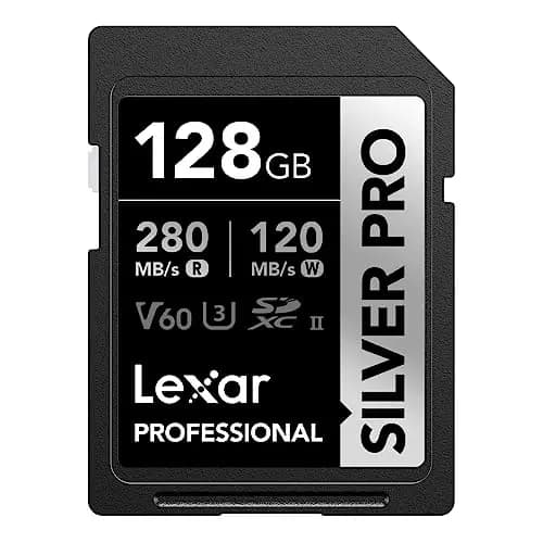Lexar SILVER PRO Carte SD 128Go, carte mémoire SD UHS-II, V60, U3, C10, Jusqu'à 280Mo/s en lecture, 120Mo/s en écriture, carte SDXC pour DSLR/caméra/photographe/vidéaste/passionné (LSDSIPR128G-BNNAA)