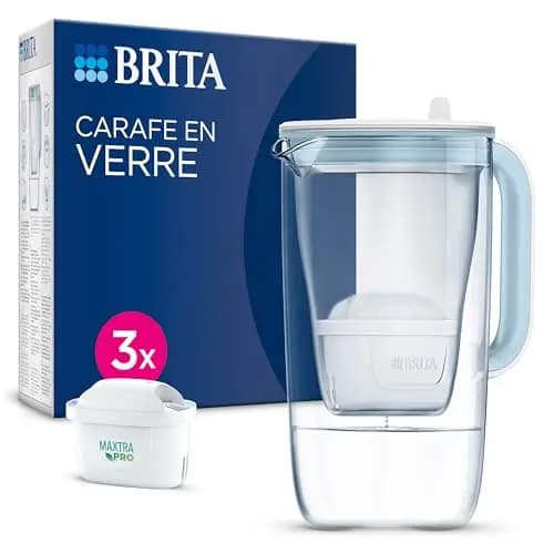 BRITA Carafe Filtrante Verre Bleue (2,5l) incl 3 filtres à eau robinet MAXTRA PRO Pure Performance réduit PFAS*, calcaire, chlore, certaines impuretés et métaux indicateur temps et volume versé