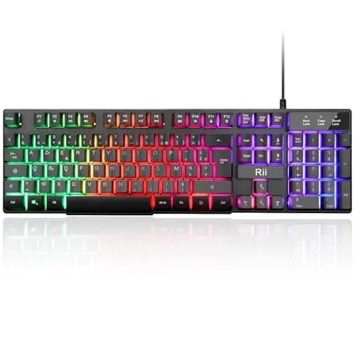 Rii Clavier Gamer - AZERTY - Nouveau Clavier USB Filaire - 105 Touches Semi-Mécaniques - 5 Couleurs LED Rétro - 11 Raccourcis Multimédia - pour PC Mac - PS4 PS5 - Noir