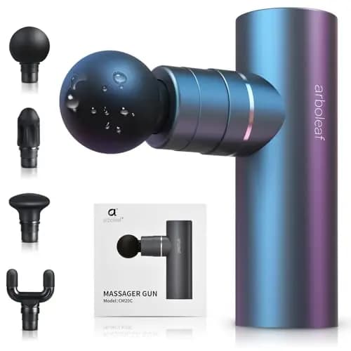 arboleaf Mini Pistolet de Massage Musculaire, Pistolet musculaire silencieux 3200 rpm, 0,47 kg 5 Vitesses 4 Têtes en Silicone, Pistolet massage pour la relaxation musculaire Batterie puissante USB-C