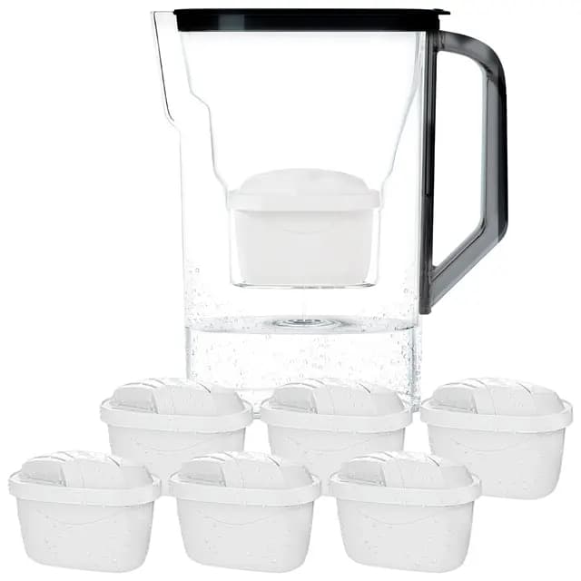 Wessper Carafe Filtrante avec Filtre, Carafe pour porte de réfrigérateur 2,7 L, Cartridges avec Charbon Actif et Résine échangeuse d'ions, Pitcher set set de 6 Filtres - Noir