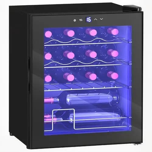 HOMCOM Cave à Vin 16 Bouteilles 42L, Réfrigérateur à Vin et Boissons avec Température Réglable 5-18°C, Porte en Verre Trempé, Étagères Ajustables, Écran Tactile, Éclairage LED, Noir