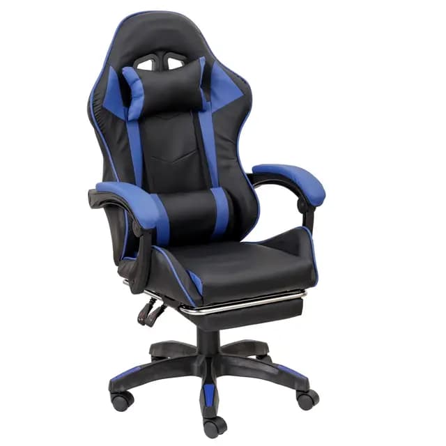 Baroni Home Chaise Gaming avec Dossier Ergonomique Incliné et Hauteur Réglable, Chaise de Bureau avec Support Lombaire, Tête Repose-Mollet Rembourré et Repose-Pieds Extensible, Bleu, 58x66x114-124 cm