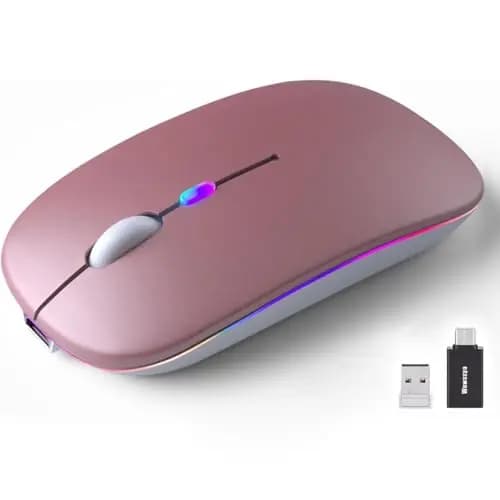 Souris sans fil 2,4 GHz USB sans fil Bluetooth 1600 DPI suivi optique rechargeable LED double mode pour ordinateur portable, PC, iOS, Android, iPad, Windows - Rose