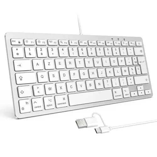 OMOTON Clavier Filaire pour Mac, Clavier Compact Portable à Double Interface USB et Type-C Compatible avec Apple Mac Pro/Mini, MacBook Pro/Air, iMac Pro, AZERTY Français, Argent