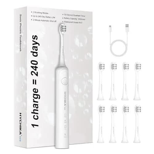 Autonomie de 240 jours Brosse à dents électrique pour Adultes,8 Têtes de Rechange,Batterie Rechargeable,3 Modes, Minuterie de 2,étanche IPX7,Cadeau pour la Famille,Blanc