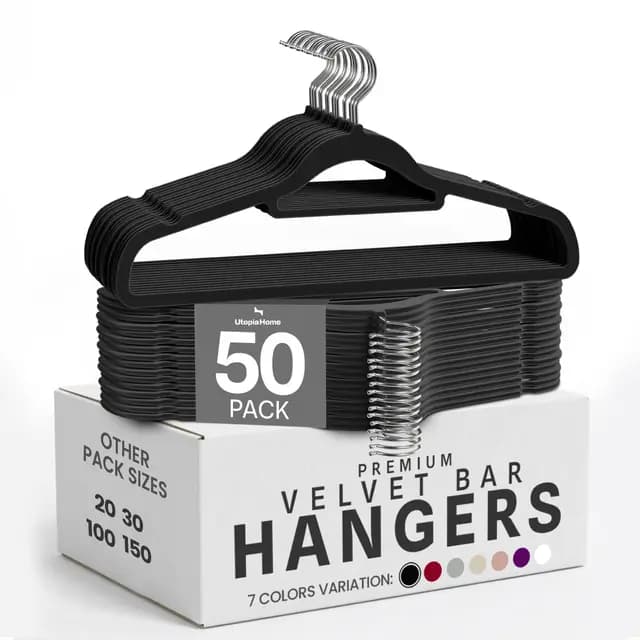 Utopia Home Lot de 50 cintres antidérapants de qualité supérieure - en Velours résistant - avec Porte-Cravates - Solides et Peu encombrants - pour Chemises, Vestes, Robes - Noir