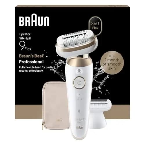 Braun Epilateur Electrique Femme Silk Epil 9, 9-041 3D, Blanc et Or – Etanche, sans Fil, Tête Flexible à 360°, Coffret Epilation avec Embout de Rasage, Sabot Tondeuse, Accessoire de Précision