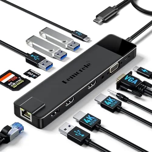 Lemorele Station d'accueil USB C Double HDMI 4K & VGA, Hub USB C 13 en 1 Adaptateur Multiport (Ethernet Gigabit, 100W PD, 4 USB, SD/TF) pour MacBook Pro/Air M1 M2, Dell, HP, Surface