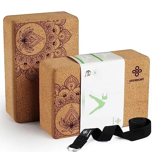 Overmont Lot de 2 blocs de yoga en liège avec sangle de yoga pour yoga, pilates, fitness général et étirement 23 x 15 x 7,6 cm, liège.