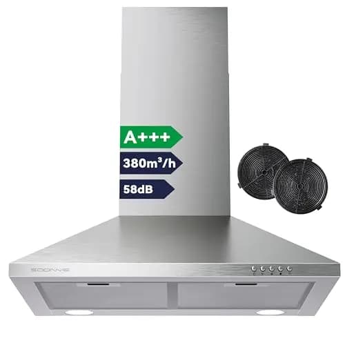 Hotte Aspirante 60cm Classe A+++, Hotte Cuisine 380m³/h,Évacuation ou Recyclage,Filtre au Charbon Inclus,Hotte Murale,Inox