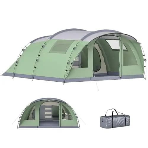 Outsunny Tente de Camping pour 5 Personnes, Tente Tunnel familiale légère ventilée étanche 3 000 mm Montage Facile, 4 fenêtres et Porche, Sac de Transport, pour randonnée Trekking pêche, Vert