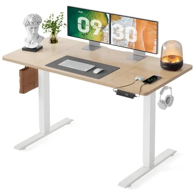 FEZIBO Bureau Assis Debout avec Ports de Charge USB-A et USB-C, 140 × 70 cm, Bureau Électrique Réglable en Hauteur, Standing Desk, Chêne Blanc