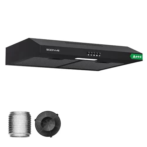Hotte Aspirante 60cm Classe A+++, Hotte Casquette 220 m³/h,Évacuation ou Recyclage,Filtre au Charbon Inclus,Hotte Cuisine,Noir