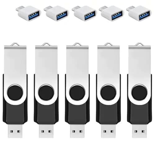 Lot de 5 clés USB 64 Go avec adaptateur de type C et boîte de stockage, clé USB 2.0, clé mémoire rotative à 360° pour téléphone portable, tablette, PC, ordinateur portable, Android, noir (5 packs 64