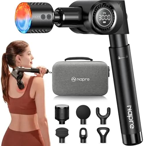 Pistolet de Massage Musculaire,Napre Pistolet de Massage avec Tête Chaude et Froide,Appareil de Massage Masseur de Muscle Profonds,32 Vitesses Dos Massage Gun,Pliable et 5 Angles,Poignée Extensible
