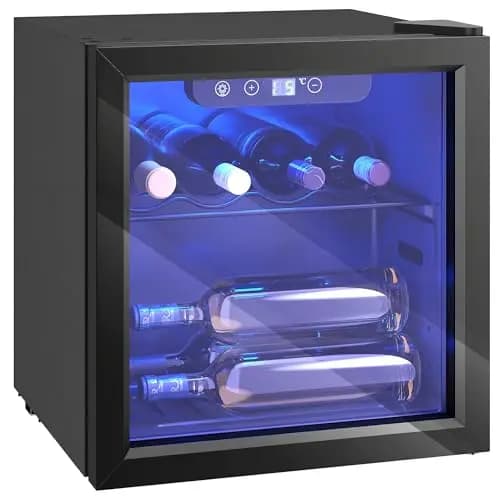 HOMCOM Cave à Vin 12 Bouteilles 36L, Réfrigérateur à Vin et Boissons avec Température Réglable 4-16 °C, Porte Réversible en Verre Trempé Double, Éclairage LED et Étagère Amovible, Noir