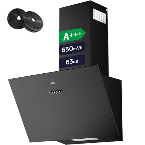 CIARRA CBCB6762A Hotte Aspirante Inclinée 60cm Classe A+++ - 650 m³/h - Recyclage & Évacuation - 3 Vitesses - Filtre au Charbon CBCF003 Inclus- Design Noir Modern