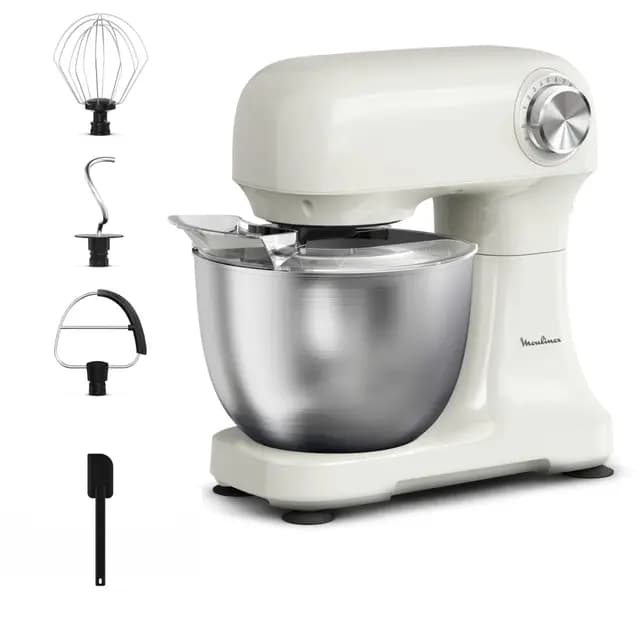 Moulinex, Bake Simple, Robot pâtissier, compact, utilisation facile, Fouet, batteur et crochet petrin, QA141AF0, Beige
