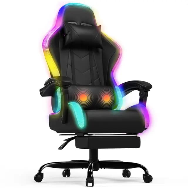 Devoko Chaise Gaming Ergonomique avec LED RGB, Massage Lombaire & Repose-Pieds – Fauteuil Gamer avec Appui-tête réglable – Dossier inclinable & Hauteur Ajustable – 180 kg – Noir