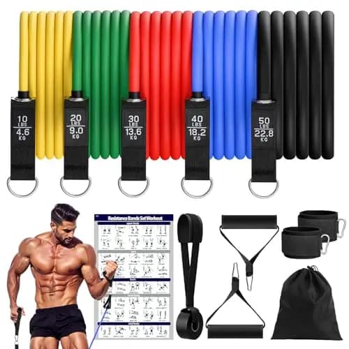 Fokky Kit Elastique Musculation avec 5 Niveaux Bande Élastique Musculation,Elastique Sport avec Grandes Poignées, Sangles de Cheville, Idéales pour Le Yoga, Le Pilates