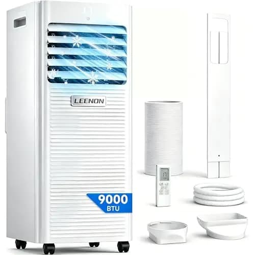 LEENON Climatiseur Mobile 9000 BTU, 4 en 1 Climatisation avec Déshumidificateur et Mode Sommeil, Clim Mobile Silencieuse, Kit Fenêtre Fourni, Télécommande, Minuterie 24H, usqu'à 35m² Maison Bureau