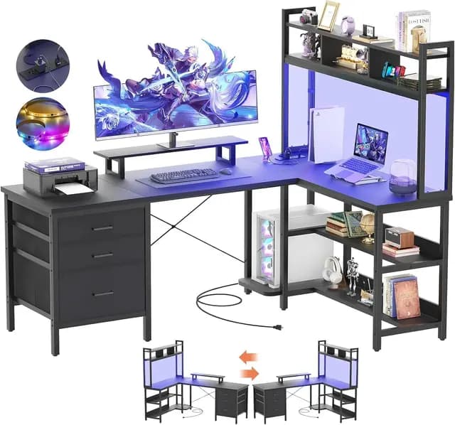 iSunirm Bureau en L avec clapier, Bureau Gaming avec éclairage LED, Bureau d'ordinateur réversible avec Prise de Courant, Bureau d'angle avec tiroir classeur et Support d'écran, Noir