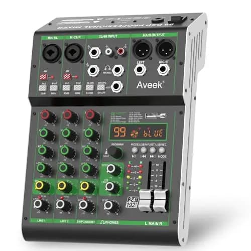 Aveek Audio Mixer,Table de Mixage Professionnelle avec USB/Bluetooth,4 Canaux D'entrée Stéréo DJ Mixer,48V Phantom Power 99 DSP Effect pour Pc Recording Studio Streaming