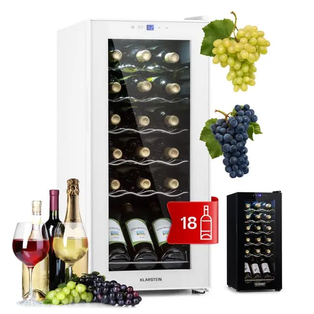KLARSTEIN Shiraz Cave a Vin, Réfrigérateur à Vin à une Zone, Cave à Vin de Vieillissement, Prosecco et Bière, Ecran Tactile, Réfrigérateur de Bar, Frigo, Étagères Inclinées, 5-18°C, 18 Bouteilles