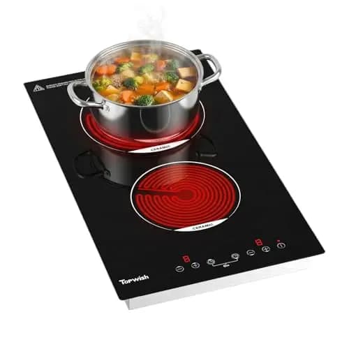 Topwish plaque vitrocéramique 2 feux, plaque de cuisson electrique 30cm, table de cuisson vitrocéramiqu, avec verrou de sécurité, voyant de surface chaude, protection d'extinction, minuterie, 3000W