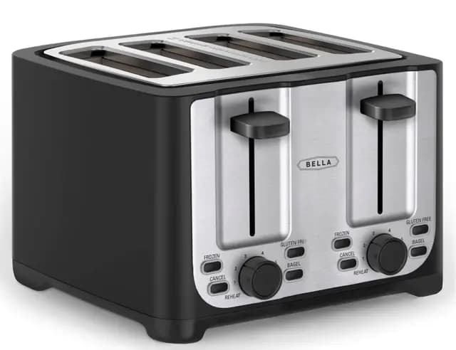 bella Grille-pain 4 Tranches avec Arrêt Automatique, Fentes Extra Larges et Ramasse-miettes Amovible, Fonction d'Annulation, de Décongélation et de Réchauffage, Acier Inoxydable et Noir