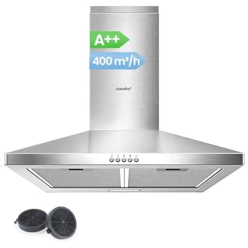 COMFEE' CH60A17EM400B-EU A++ Hotte Aspirante 60 cm à Recirculation et Évacuation d'air avec Filtre à Charbon Actif, Débit d'air de 400 m³/h, Filtre à Graisse Lavable, Cheminée Réglable, Argenté