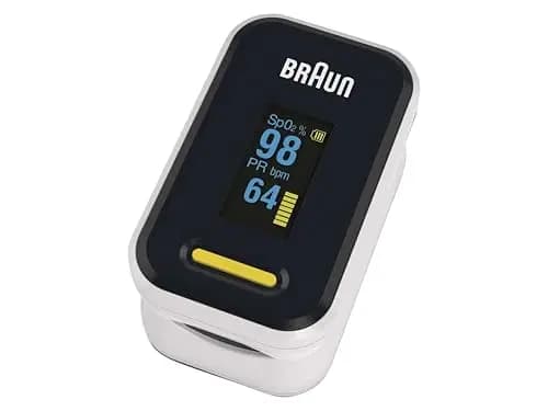 Braun Oxymètre de pouls 1 | Moniteur précis d’oxygène sanguin au doigt | Utilisation simple pour usage domestique | BPCO, pneumonie ou apnée du sommeil | Idéal pour les athlètes| YK-81CEU