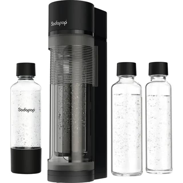 Sodapop Machine à gazéifier Logan, avec 2 bouteilles en verre (850 et 600 ml) et 1 bouteille en PET (850 ml), noir mat, hauteur 42,6 cm, sans cylindre de CO₂