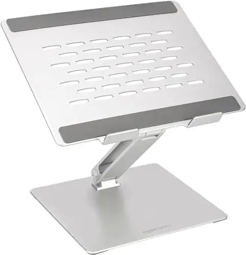 Amazon Basics Support ergonomique réglable pour ordinateur portable jusqu'à 17,3 pouces avec grille d'aération et réglage en continu de la hauteur et de l'angle, Argenté, 25,4 x 23,9 x 6,5 cm