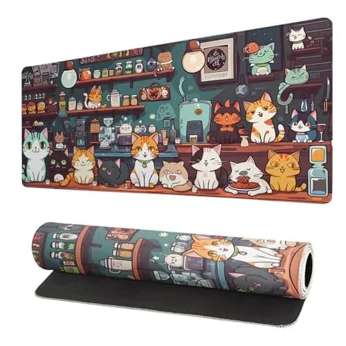 Grand Tapis De Souris Gaming XXL - 800X300 mm - Gamer Mouse Pad avec Coutures sur Les Bords - sous Main Bureau - Accessoire Bureau, Base en Caoutchouc Antidérapant Surface -Chat