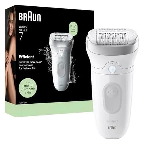 Braun Epilateur Electrique Femme Silk Epil 7 7-011, Argent – Etanche, sans Fil, Embout Rouleau de Massage, Coffret Epilation avec Accessoire de Précision