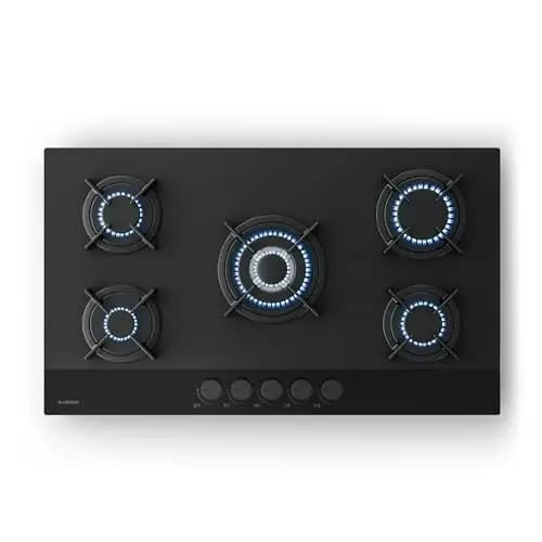 Klarstein Velaire Plaque de Cuisson Gaz 5 Feux - 10400W, Verre, Allumage Électrique, Sécurité Anti-Flamme, Compatible GPL & Gaz Naturel, 90cm, Kit Tuyau & Régulateur