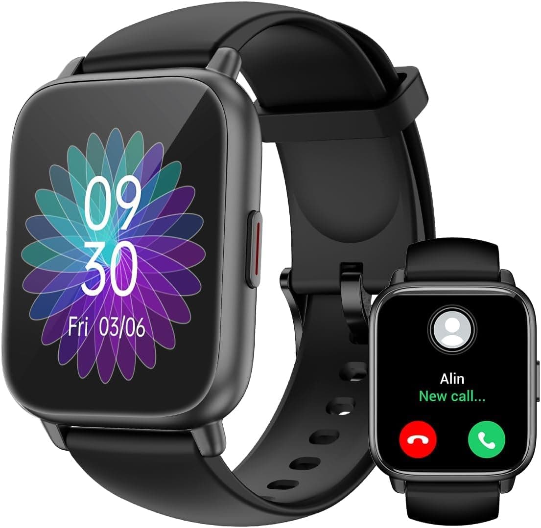 RUIMEN Montre Connectée Homme Femme avec Appel Bluetooth Smartwatch avec Podometre Cardiofrequencemetre Oxymetre Montre Sport pour iPhone Android Etanche IP68 Notification Chronometre Meteo Noir