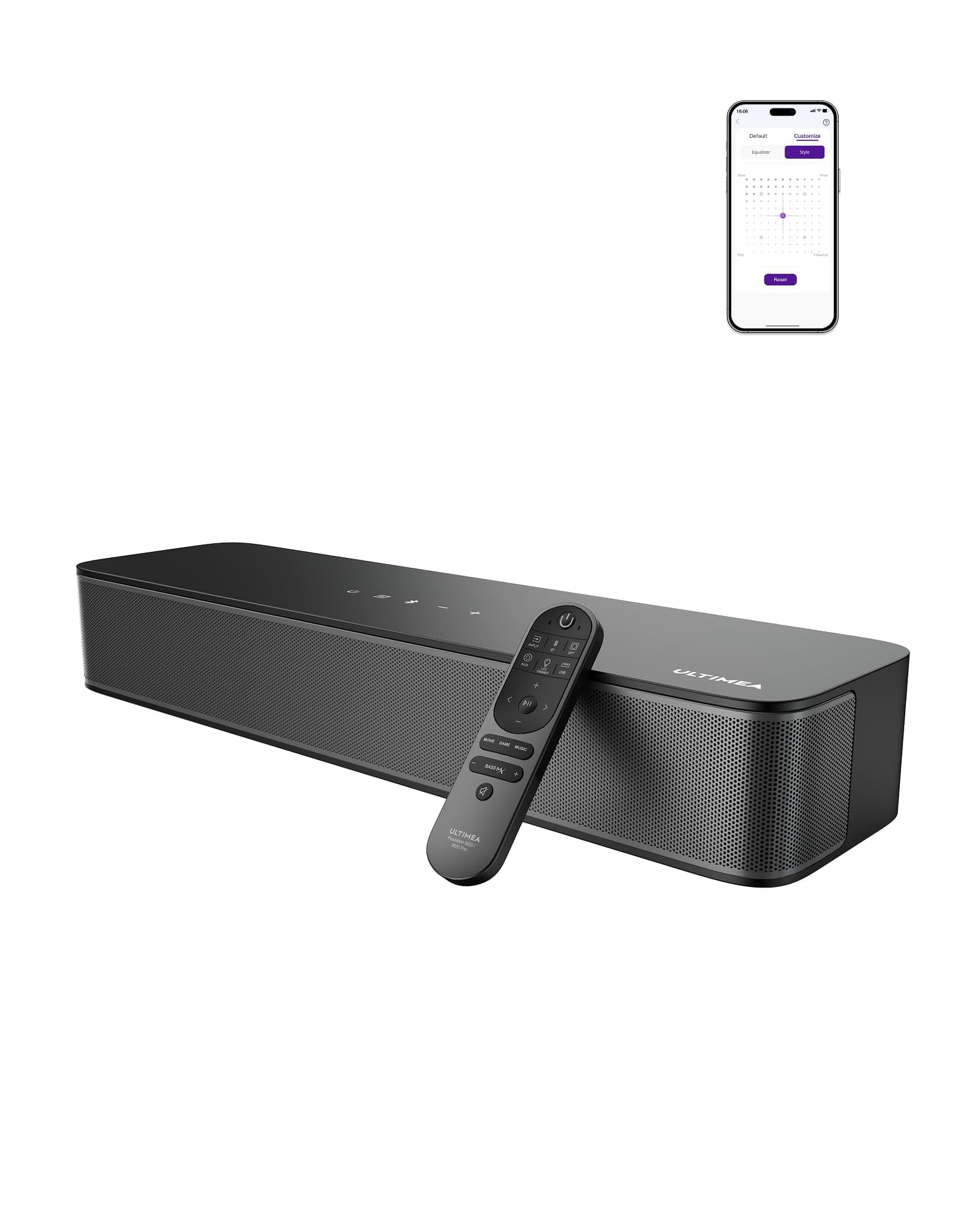 ULTIMEA 2.1ch Barre de Son TV Tout-en-Un, Puissance Crête 132W, Caisson de Basses Intégré, Barre de Son PC/Jeux, App Contrôle, 16 Pouces Haut-parleurs, BT 5.4, Opt/AUX/Montage Mural, Poseidon M20 Pro
